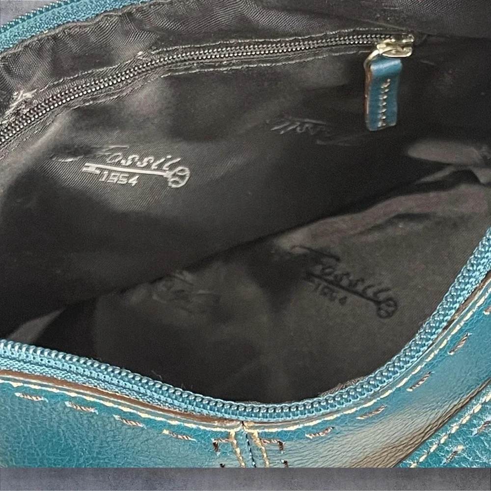 Fossil Vintage Y2K Teal Blue Leather Shoulder Bag Purse Contrast Stitching New